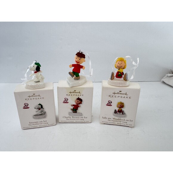 Hallmark Keepsake Miniature Peanuts Gang on Ice 3 Ornaments Snoopy Charlie Brown - Picture 1 of 6